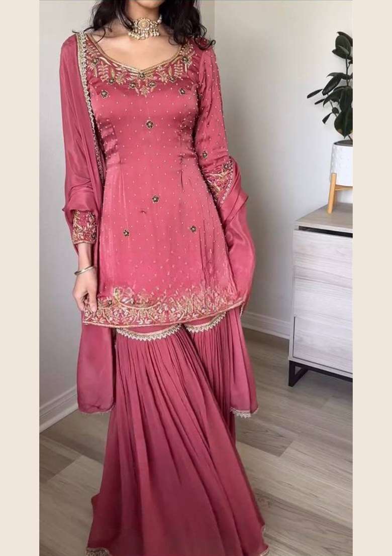 Peach Embroidery Chinon Palazzo Set - Indya