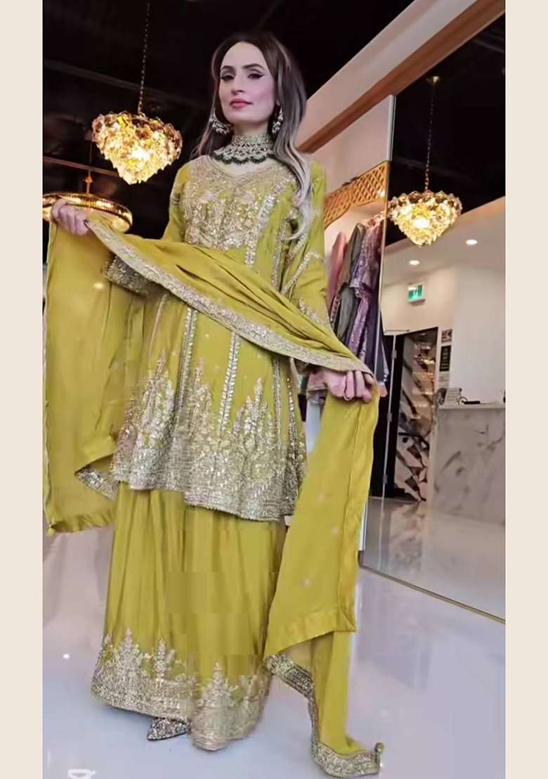 Sky Blue Embroidery Chinon Palazzo Set - Indya