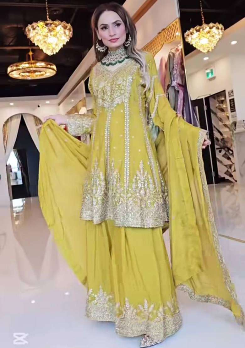 Sky Blue Embroidery Chinon Palazzo Set - Indya
