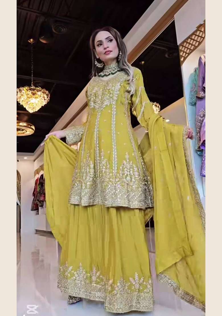 Sky Blue Embroidery Chinon Palazzo Set - Indya