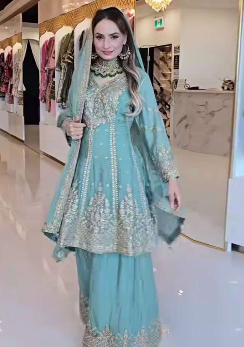 White Embroidery Chinon Palazzo Set - Indya