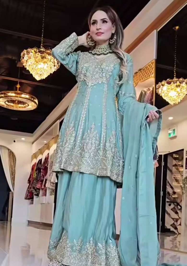 White Embroidery Chinon Palazzo Set - Indya