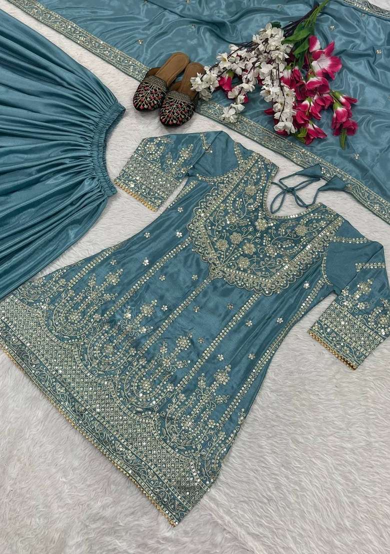 White Embroidery Chinon Palazzo Set - Indya
