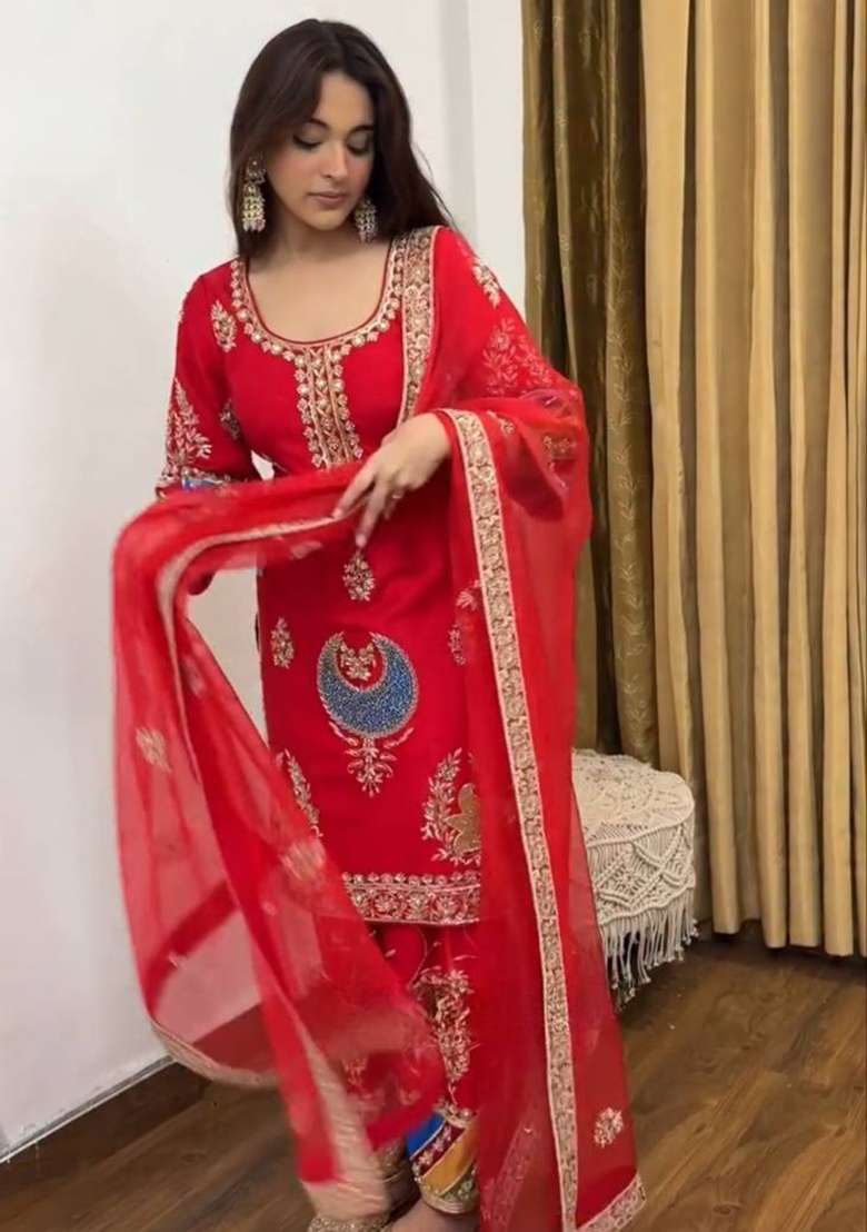Red Embroidery Crepe Palazzo Set - Indya