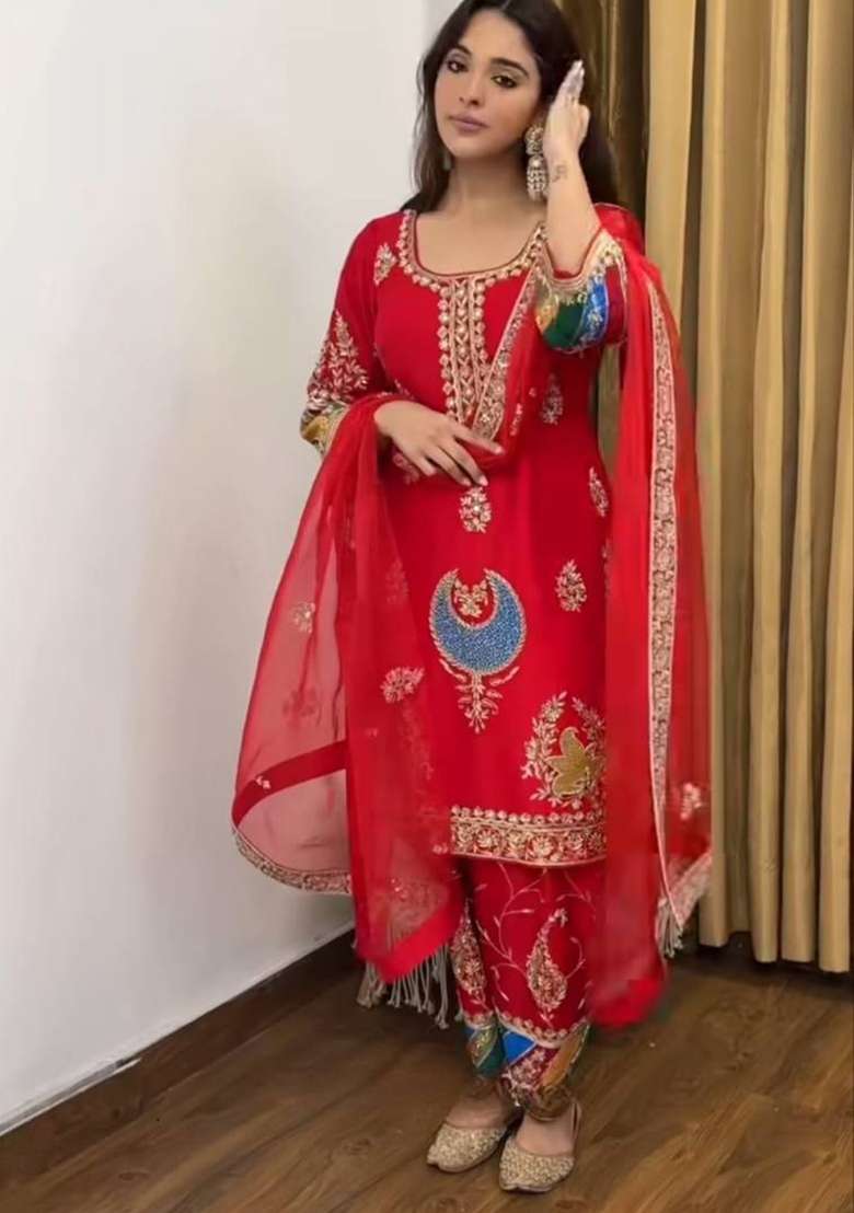 Red Embroidery Crepe Palazzo Set - Indya