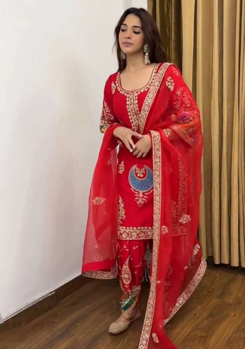 Red Embroidery Crepe Palazzo Set - Indya