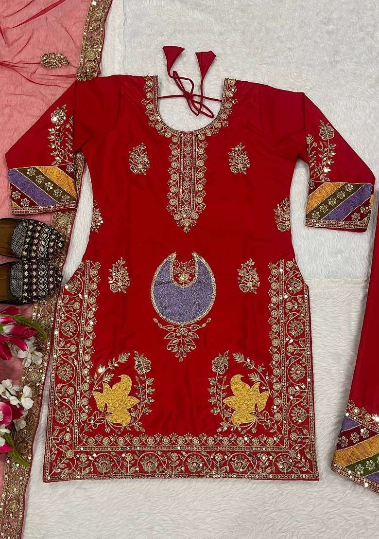 Red Embroidery Crepe Palazzo Set - Indya