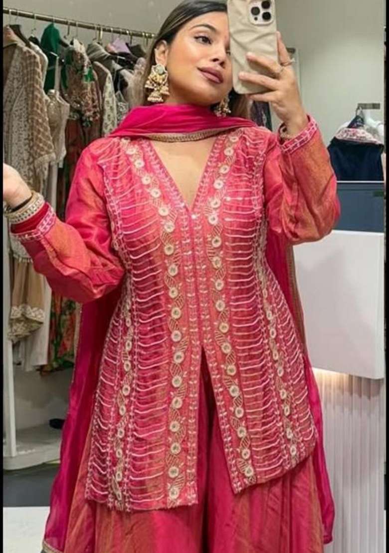 Pink Embroidery Silk Palazzo Set - Indya