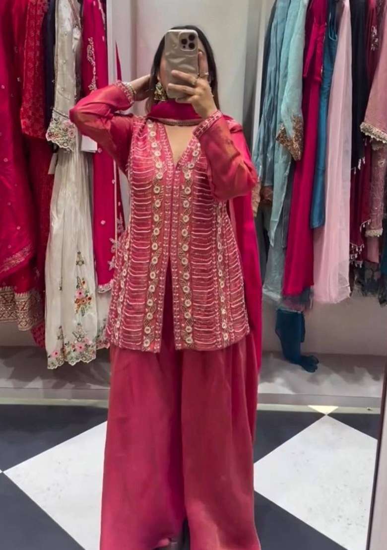 Pink Embroidery Silk Palazzo Set - Indya