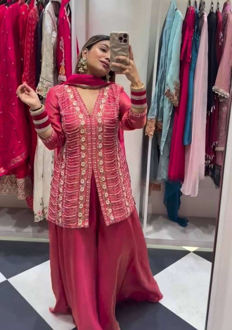 Pink Embroidery Silk Palazzo Set - Indya