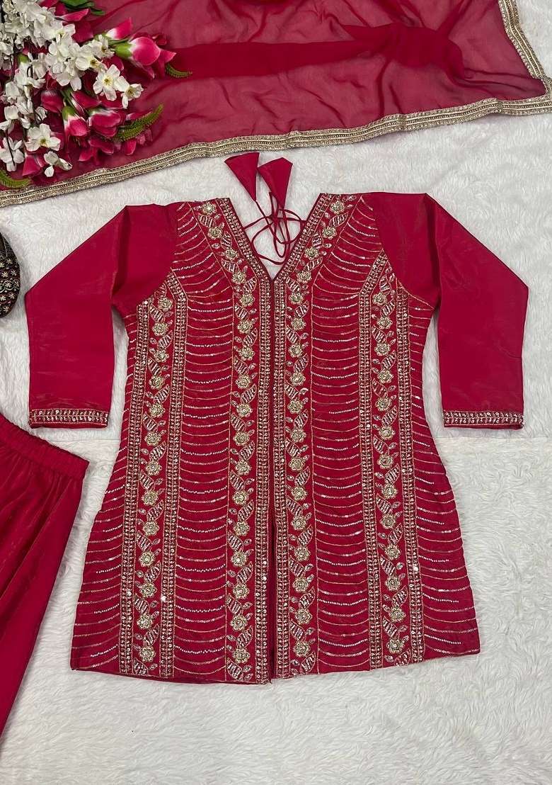 Pink Embroidery Silk Palazzo Set - Indya