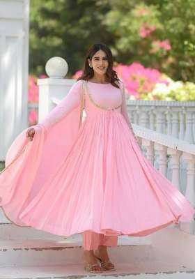Pink Embroidery Vichitra Gown Set