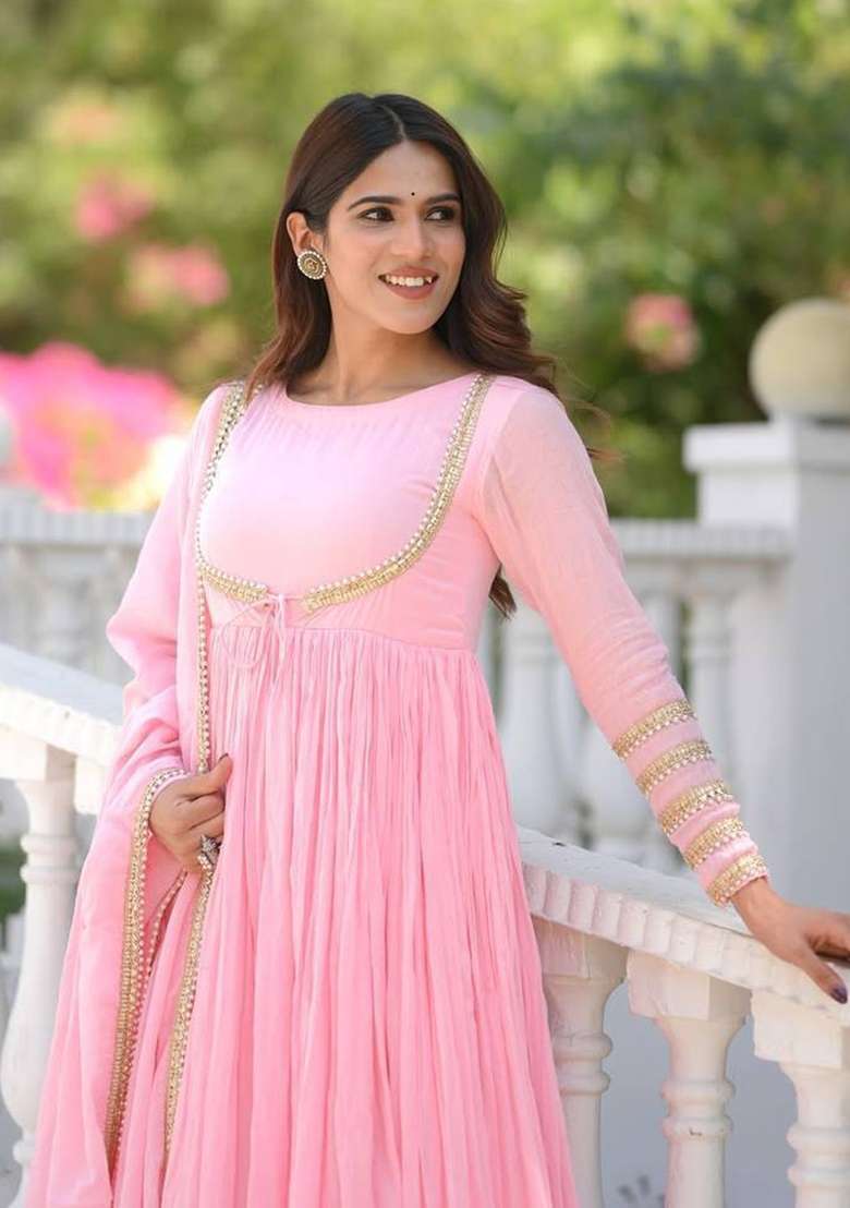 Pink Embroidery Vichitra Gown Set - Indya
