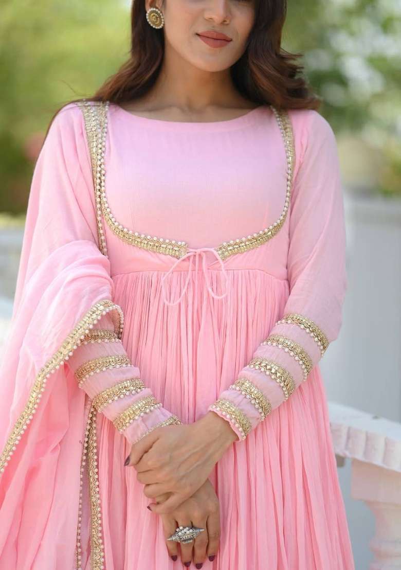 Pink Embroidery Vichitra Gown Set - Indya