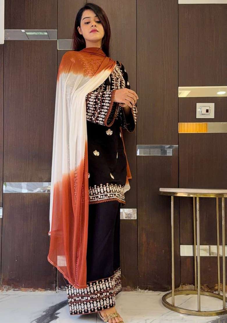 Black Embroidery Rayon Palazzo Set - Indya