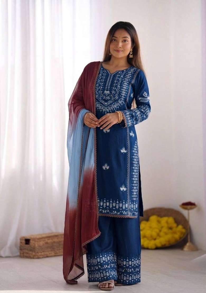 Blue Embroidery Rayon Palazzo Set - Indya