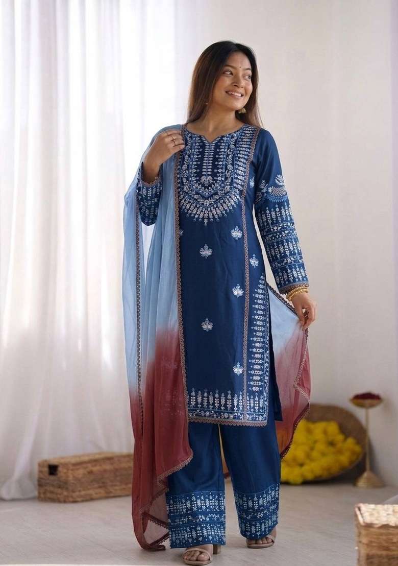 Blue Embroidery Rayon Palazzo Set - Indya