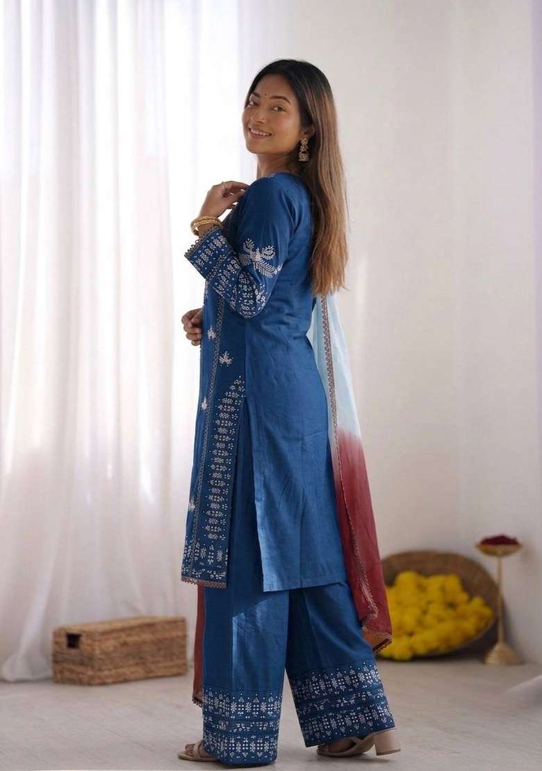 Blue Embroidery Rayon Palazzo Set - Indya