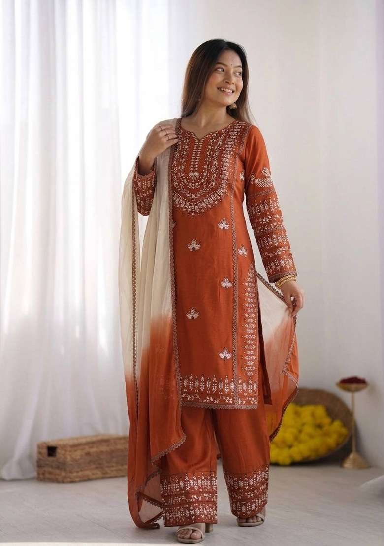 Rust Embroidery Rayon Palazzo Set - Indya