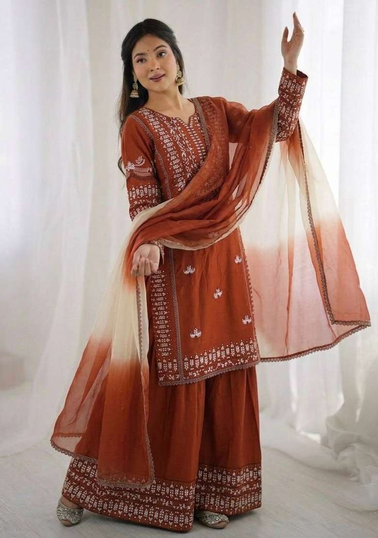 Rust Embroidery Rayon Palazzo Set - Indya