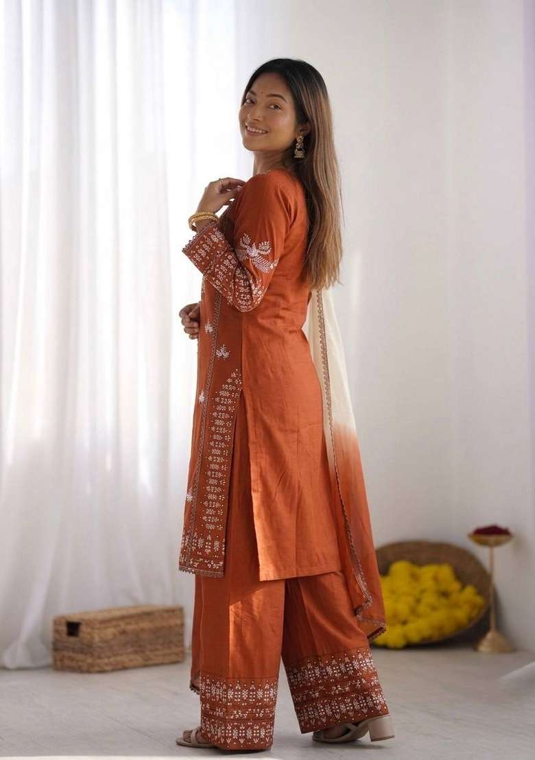 Rust Embroidery Rayon Palazzo Set - Indya