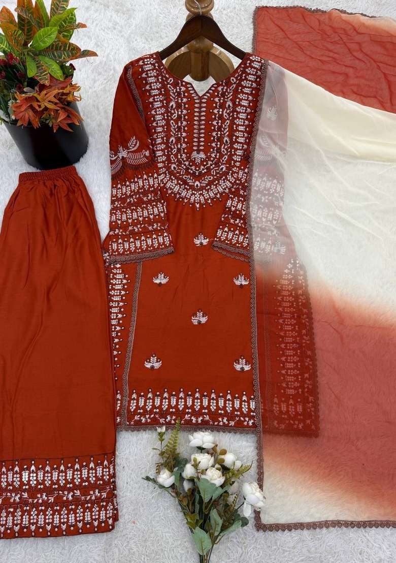 Rust Embroidery Rayon Palazzo Set - Indya