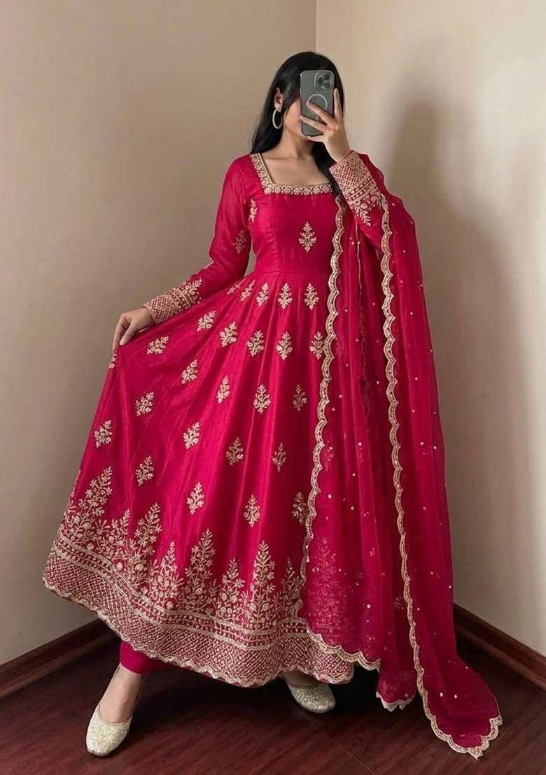 Rani Pink Embroidery Fendi Gown Set - Indya