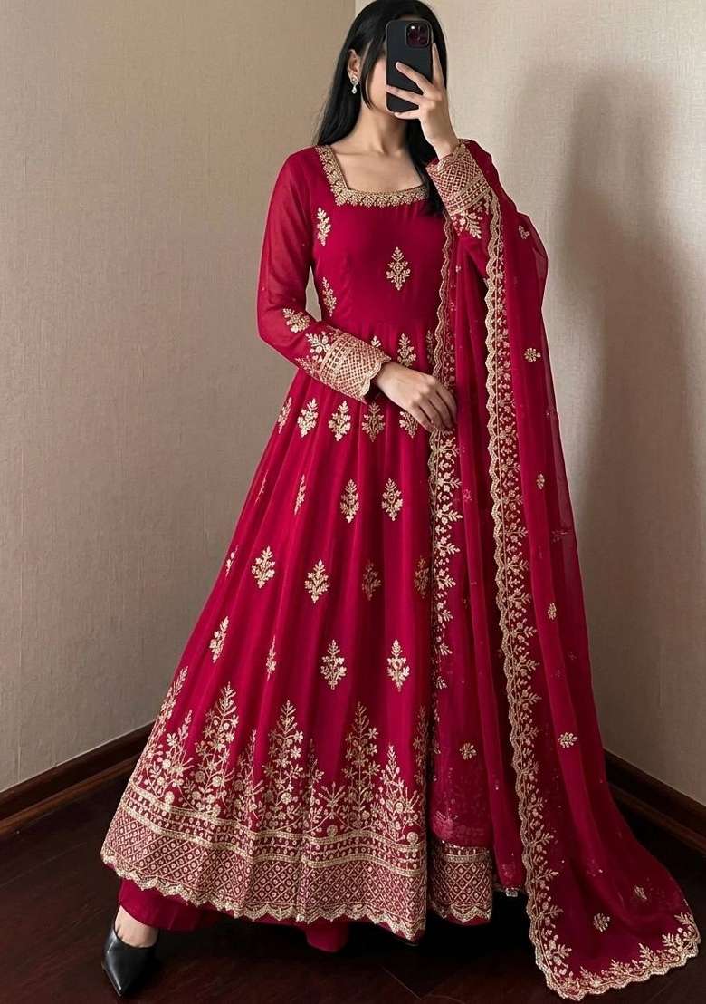 Rani Pink Embroidery Fendi Gown Set - Indya