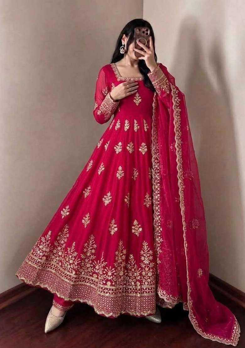 Rani Pink Embroidery Fendi Gown Set - Indya
