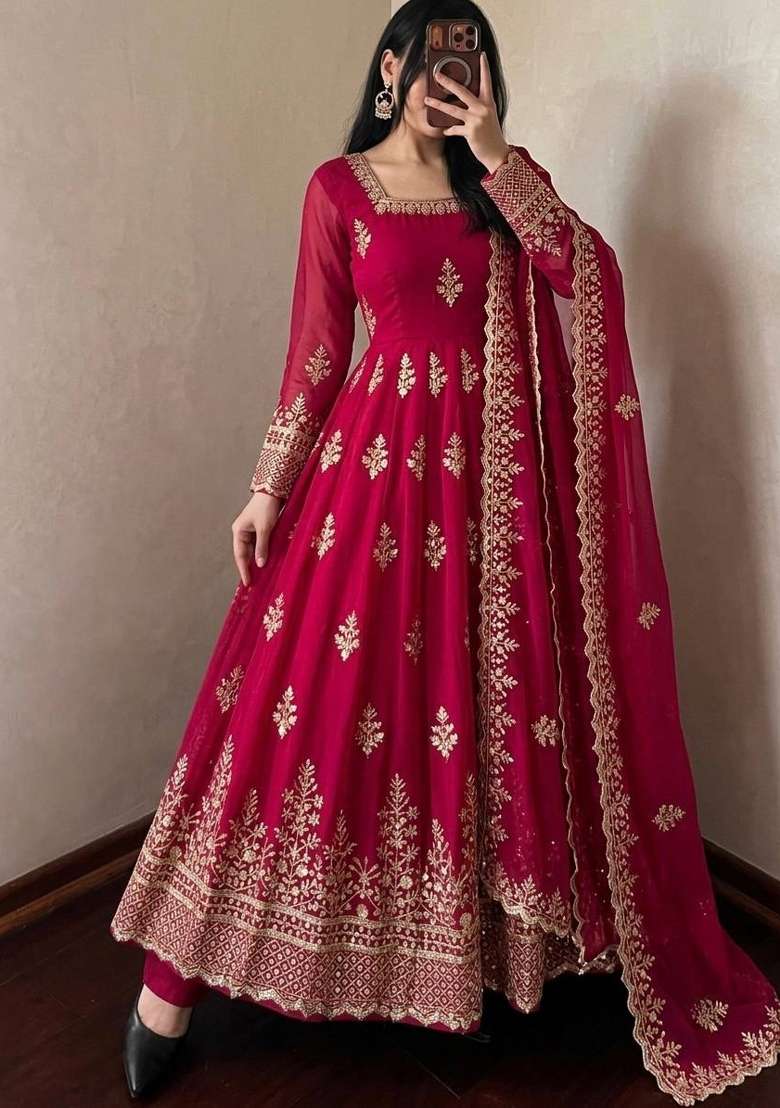 Rani Pink Embroidery Fendi Gown Set - Indya