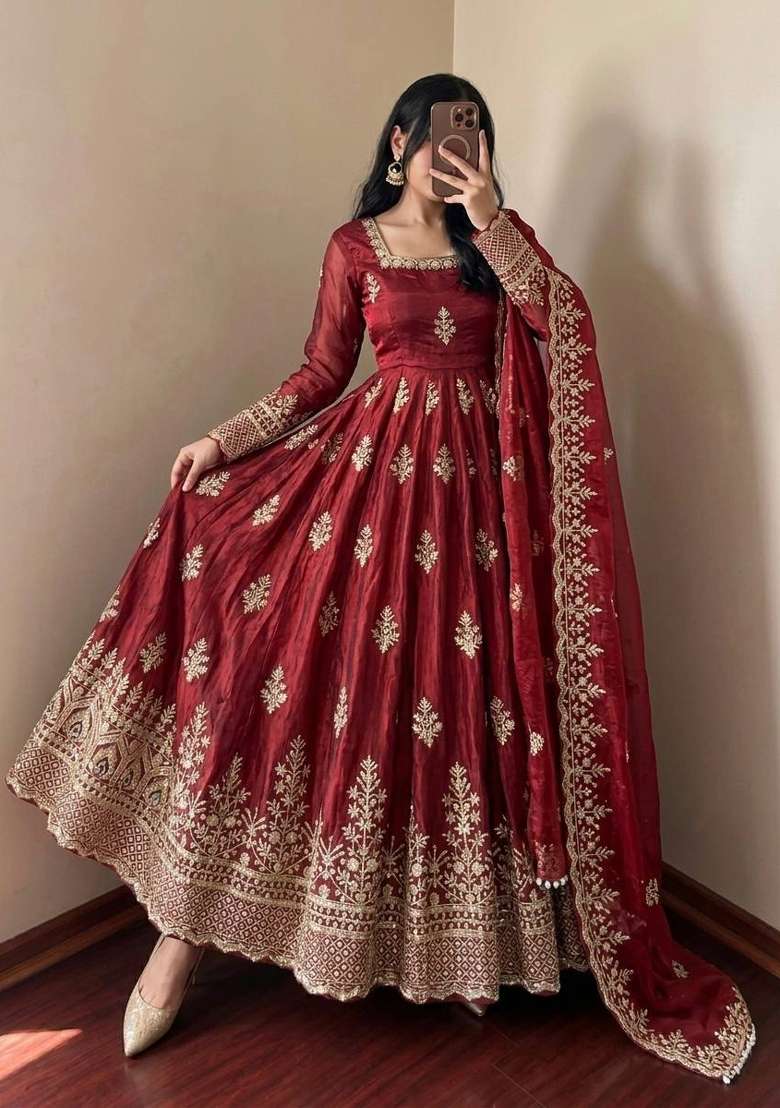 Red Embroidery Fendi Gown Set - Indya