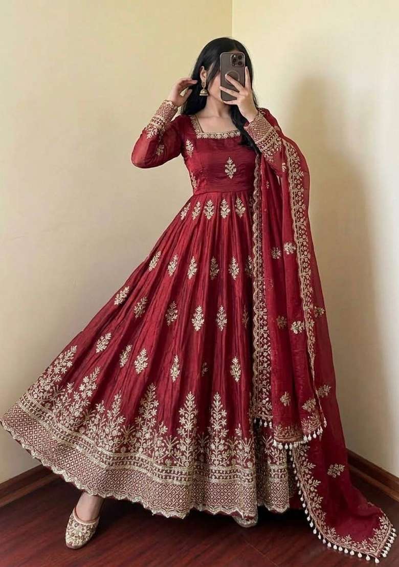 Red Embroidery Fendi Gown Set - Indya