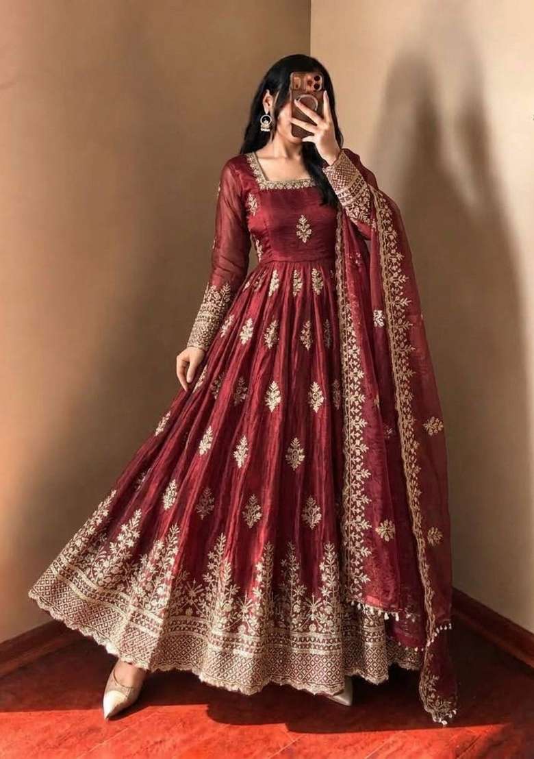 Red Embroidery Fendi Gown Set - Indya