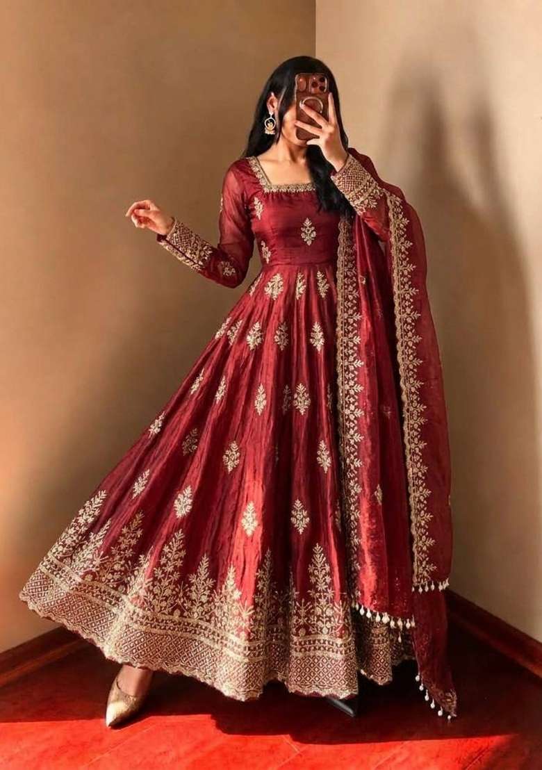 Red Embroidery Fendi Gown Set - Indya
