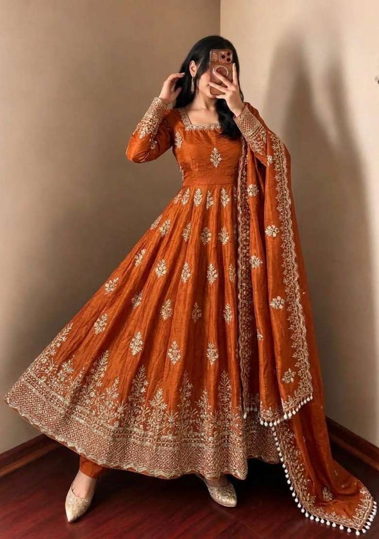 Rust Embroidery Fendi Gown Set - Indya