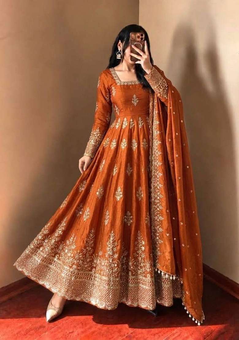 Rust Embroidery Fendi Gown Set - Indya