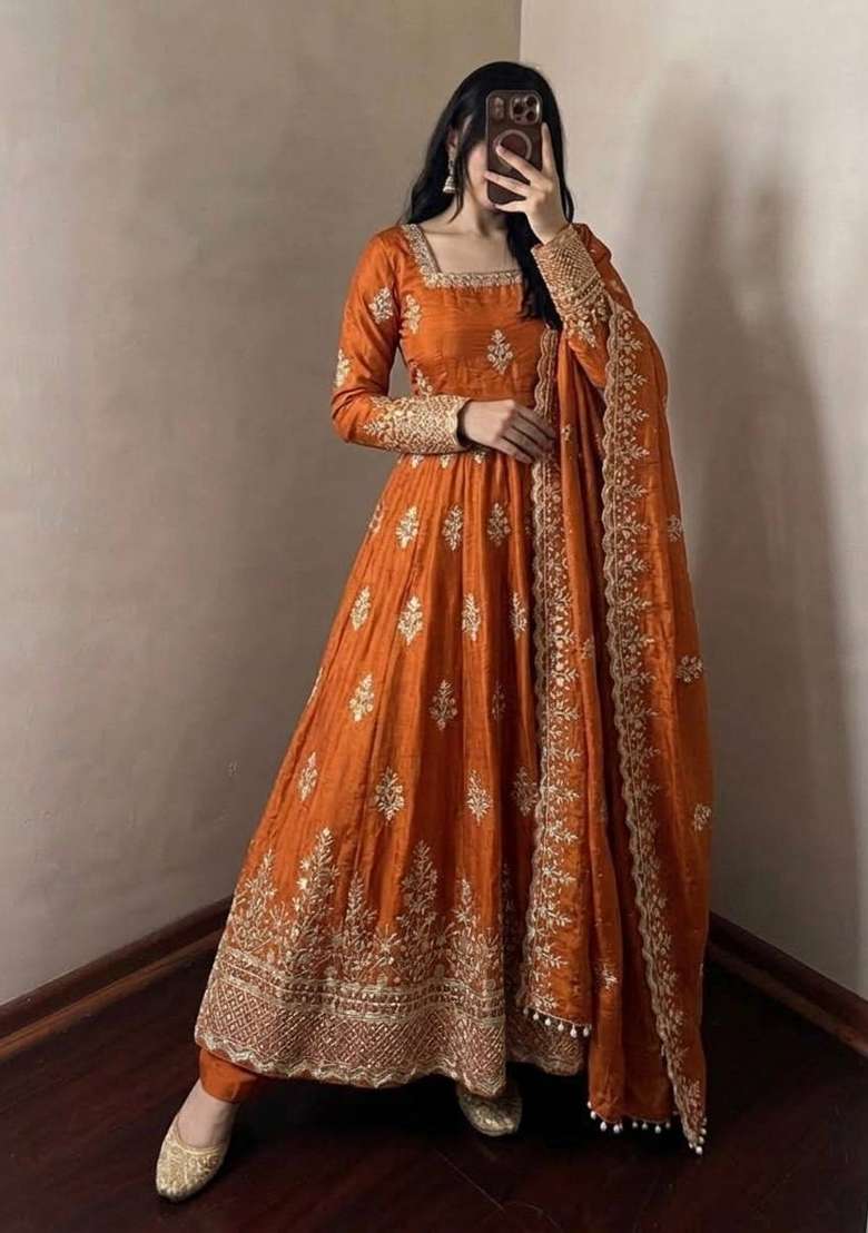 Rust Embroidery Fendi Gown Set - Indya