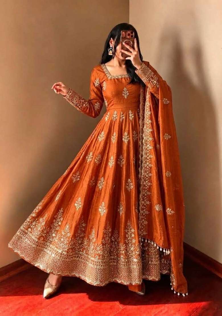 Rust Embroidery Fendi Gown Set - Indya