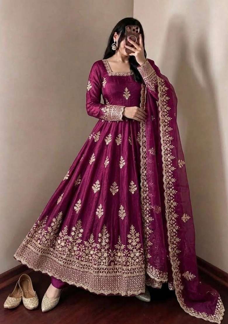 Wine Embroidery Fendi Gown Set - Indya