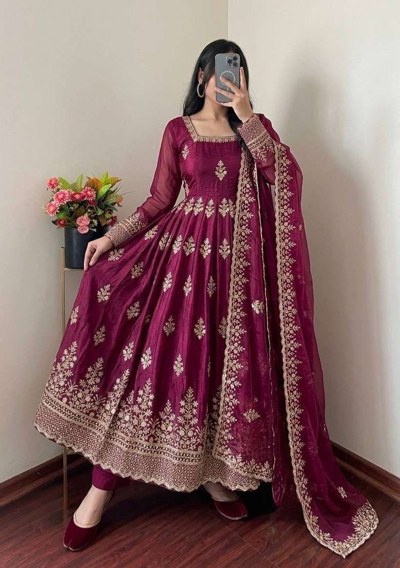 Wine Embroidery Fendi Gown Set - Indya