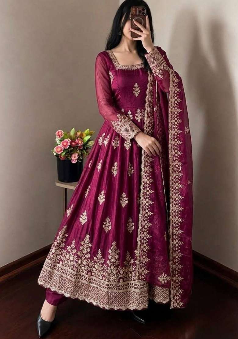 Wine Embroidery Fendi Gown Set - Indya