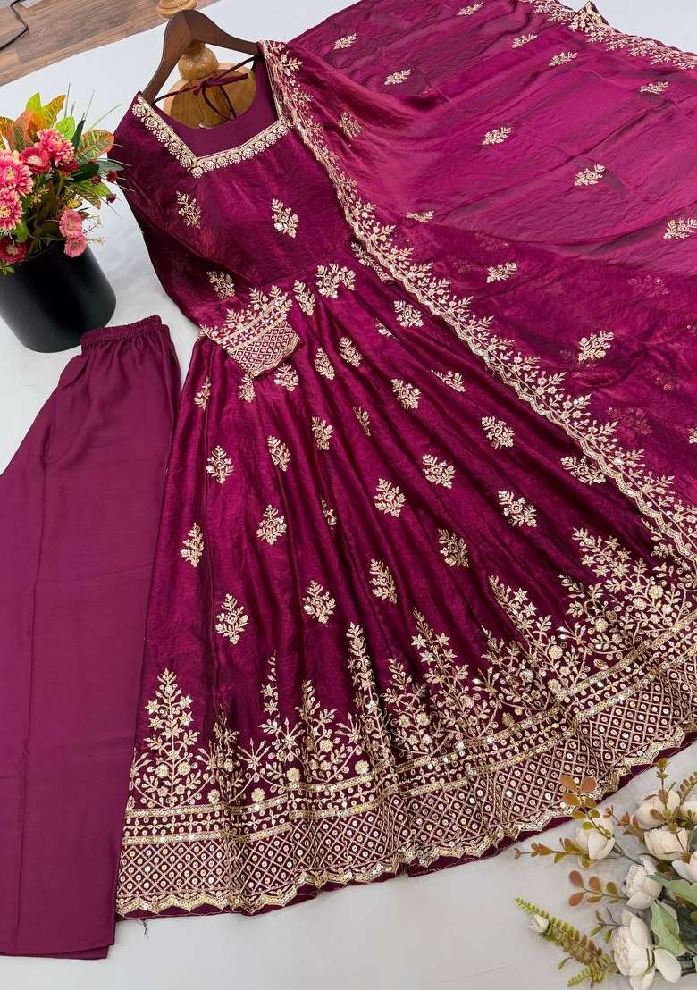 Wine Embroidery Fendi Gown Set - Indya