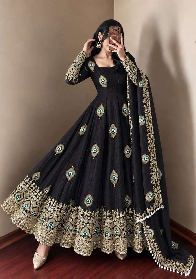 Black Embroidery Fendi Gown Set - Indya