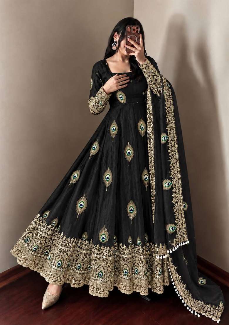 Black Embroidery Fendi Gown Set - Indya