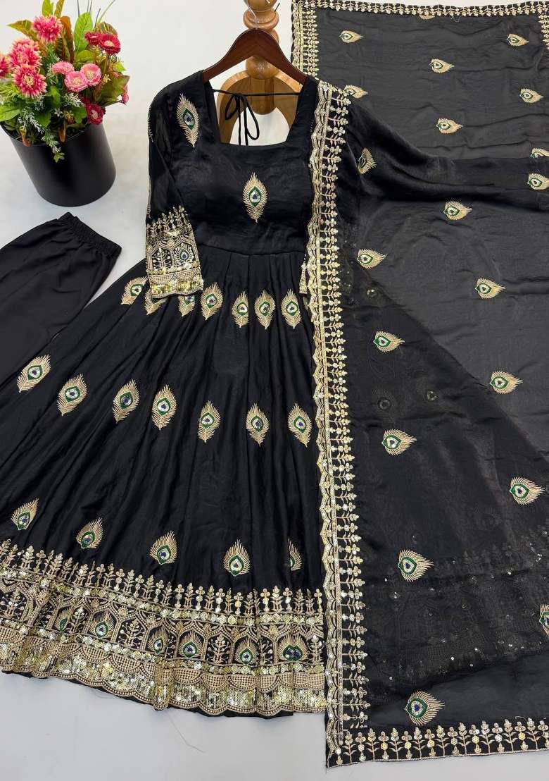 Black Embroidery Fendi Gown Set - Indya
