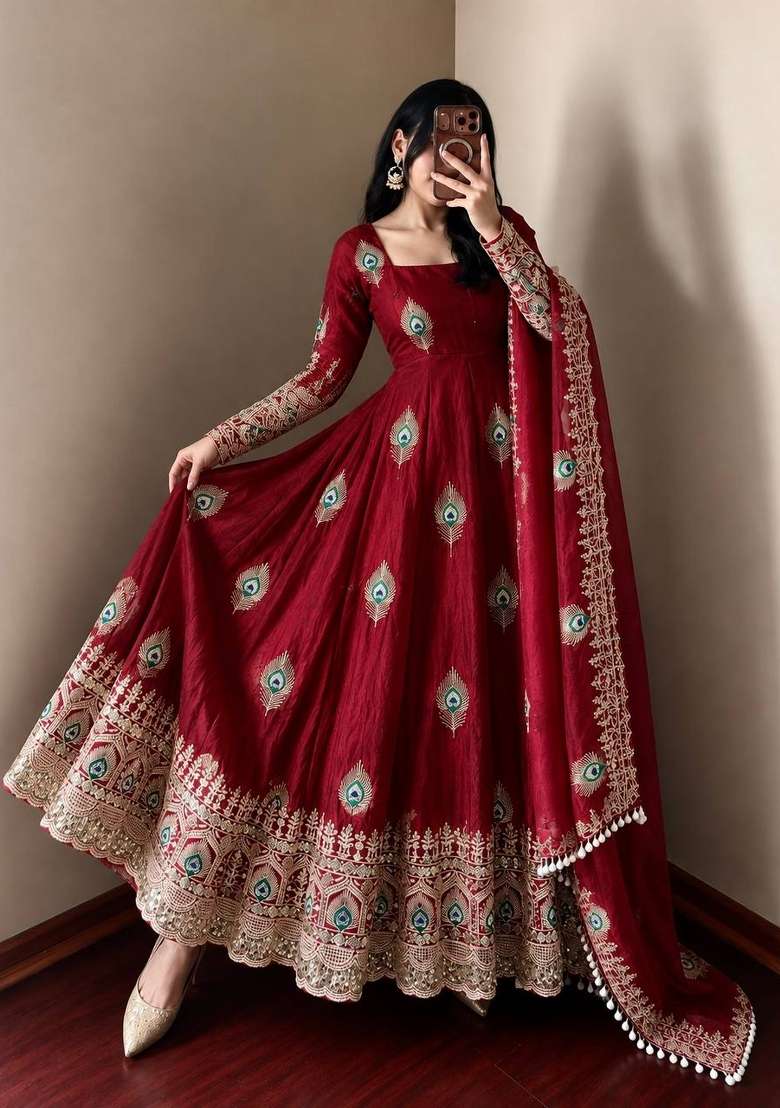 Maroon Embroidery Fendi Gown Set - Indya