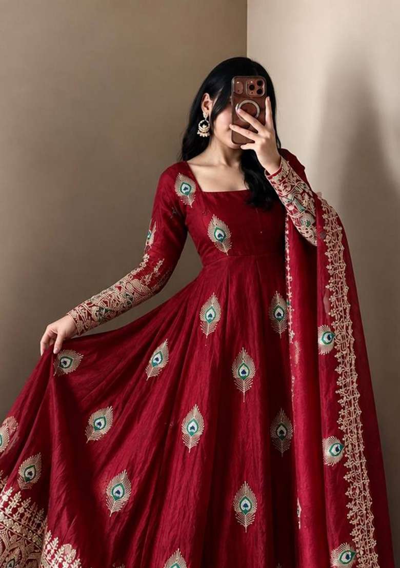 Maroon Embroidery Fendi Gown Set - Indya