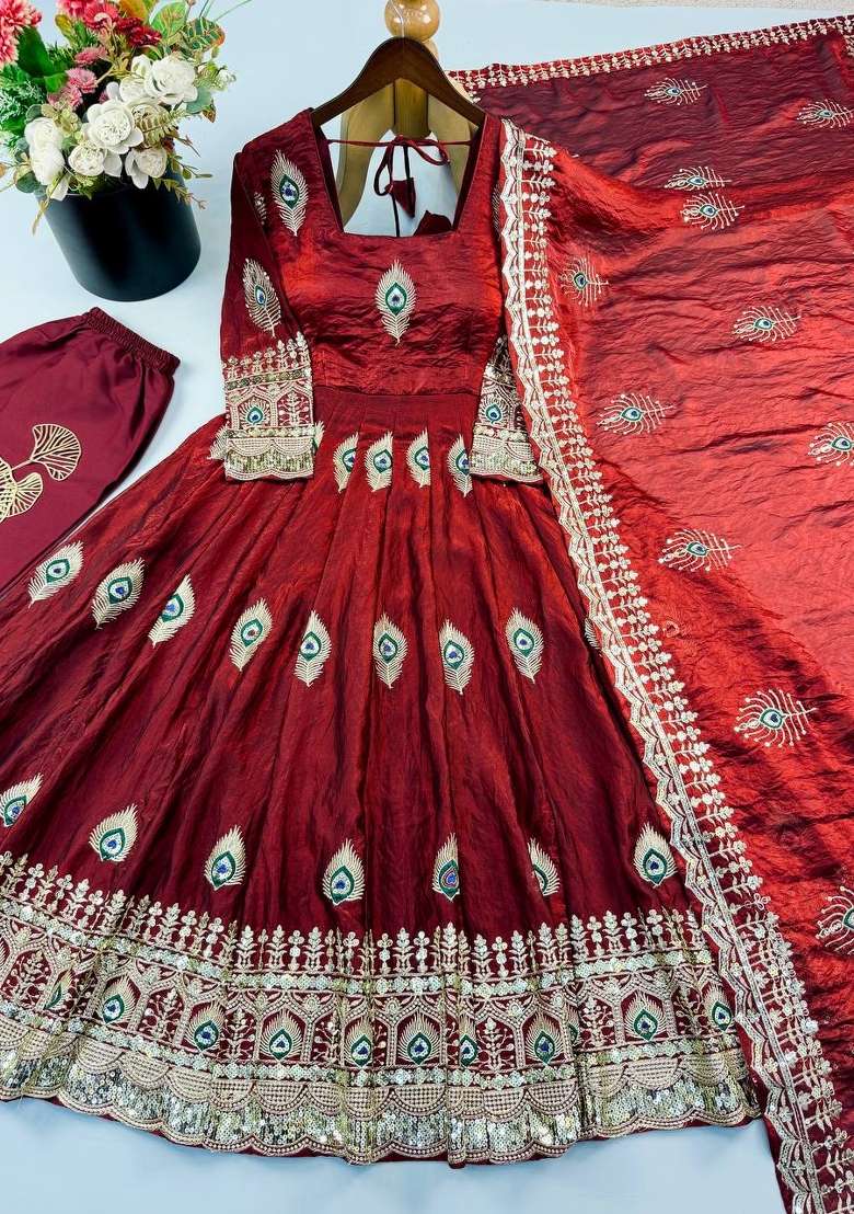 Maroon Embroidery Fendi Gown Set - Indya