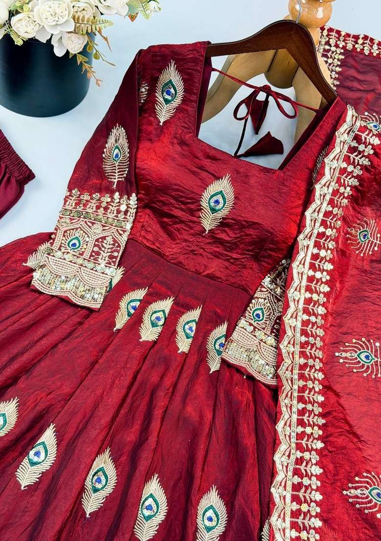 Maroon Embroidery Fendi Gown Set - Indya