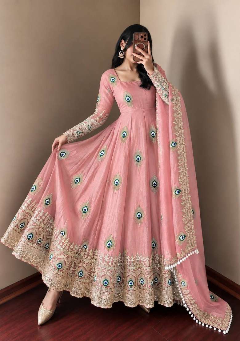 Pink Embroidery Fendi Gown Set - Indya